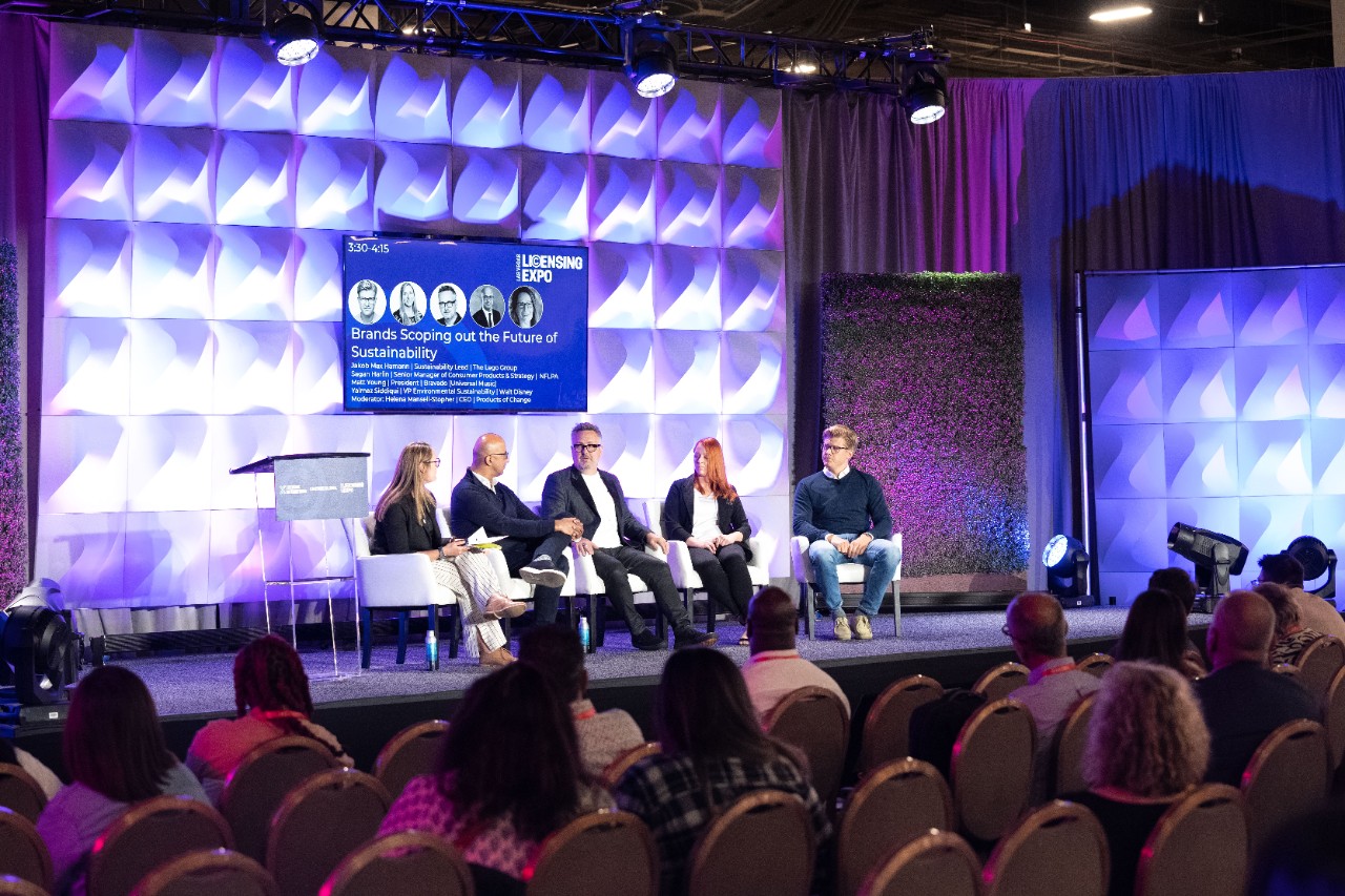 Panel sitting on stage discussing brand licensing at Licensing Expo